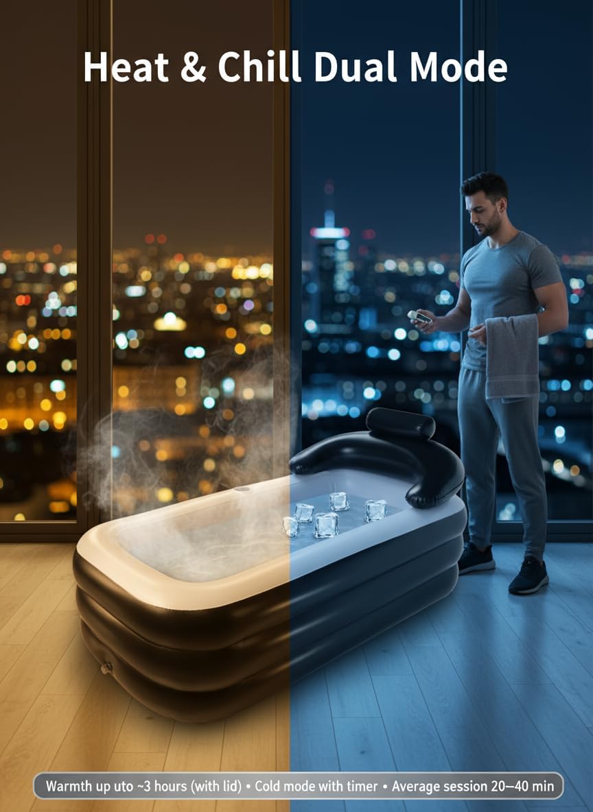Ice Bath Tub/Cold Plunge Inflatable Bathtub with Electric Air Pump 160×84×64 cm Portable Bathtub for Adults Foldable Bathtub for Adults Deep Soaking Tub with Lid, Freestanding Bathtub,Headrest