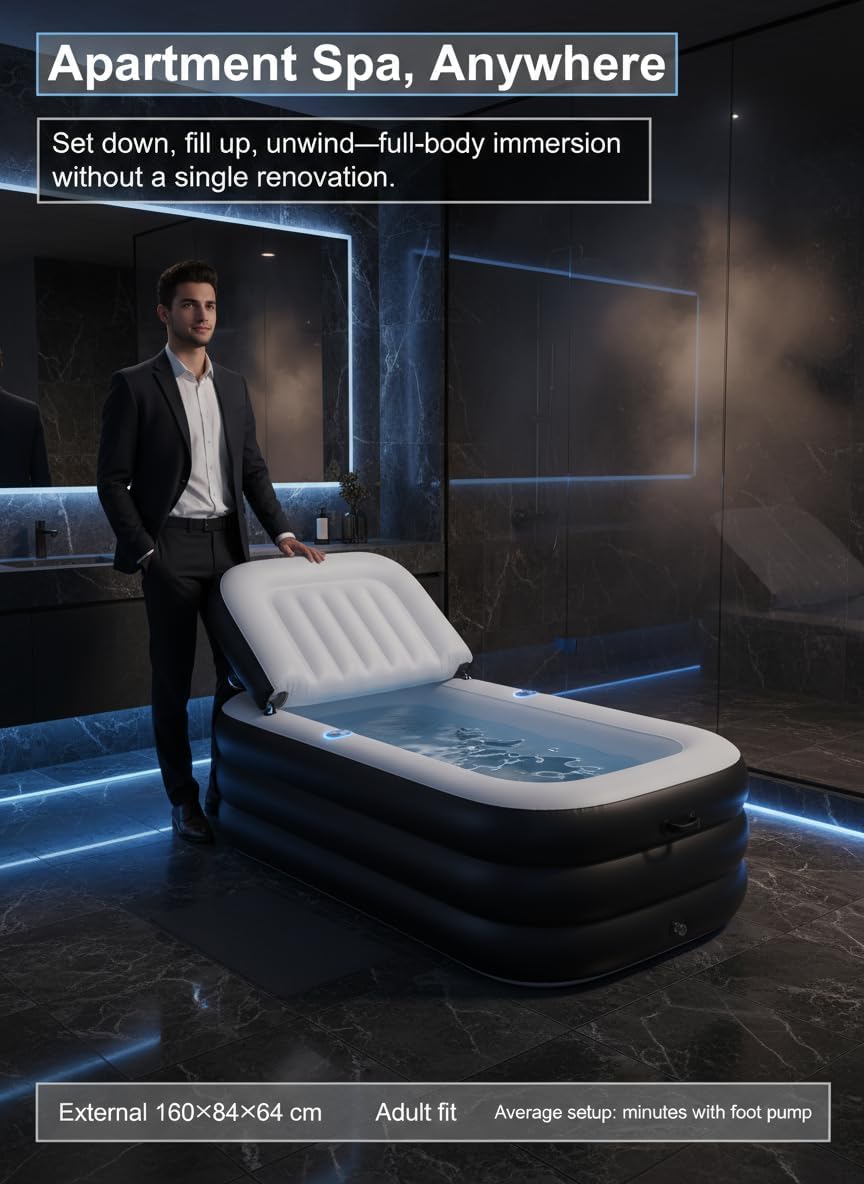 Ice Bath Tub/Cold Plunge Inflatable Bathtub with Electric Air Pump 160×84×64 cm Portable Bathtub for Adults Foldable Bathtub for Adults Deep Soaking Tub with Lid, Freestanding Bathtub,Headrest