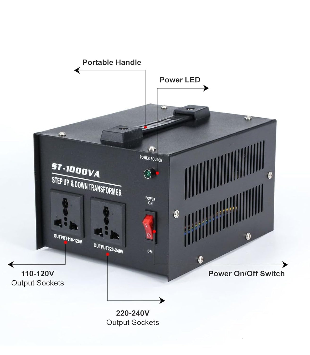 ST 1000W Voltage Converter Transformer 110V/120V/220V/240V Power Step Up/Down Transformer Converter, with Resettable Circuit Breaker Protection Universal Socket Household Compact