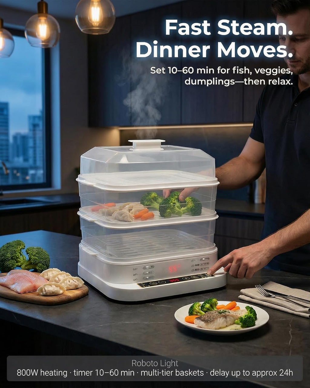 Egg Cookers Food Steamer Electric Steamer 800W, Multi Tier Steam Cooker with Stackable Baskets, 1-24H Delay Start, 10-60min Timer, Keep Warm, Vegetable/Rice/Fish/Dumpling Steamer