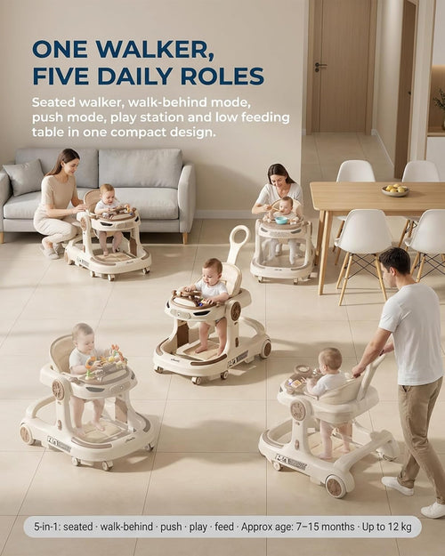 Baby Walker 5 in 1 Sit to Stand, Foldable Adjustable Height Activity Center with Music Tray, Push Handle Walk Behind Learning Walker for Infants Toddlers 7–15 Months