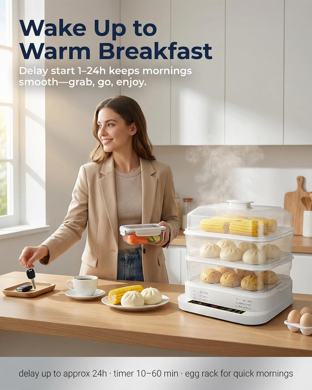 Egg Cookers Food Steamer Electric Steamer 800W, Multi Tier Steam Cooker with Stackable Baskets, 1-24H Delay Start, 10-60min Timer, Keep Warm, Vegetable/Rice/Fish/Dumpling Steamer