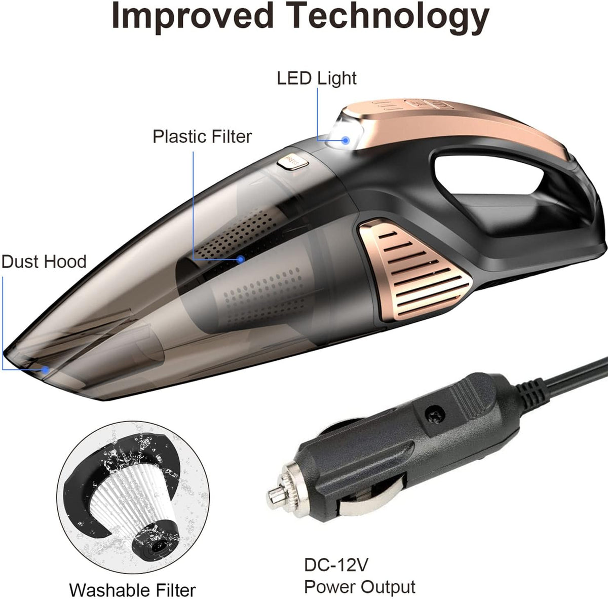 Car Vacuum Cleaner 7000PA 106W 12V Car Vacuum with LED Light Low Noise Wet and Dry Use Auto Vacuum Cleaner with 16.4FT(5M) Cord and Carrying Bag for All Vehicles