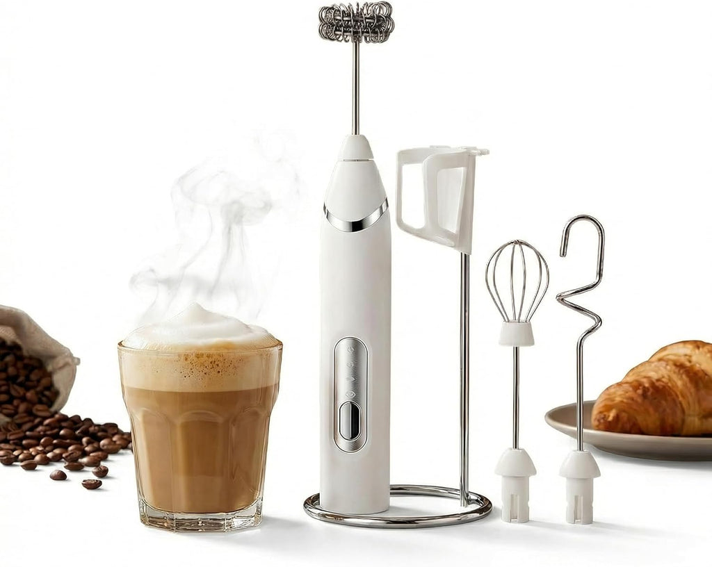 Milk Frother, Electric Milk Frother Handheld Milk Frother Wand USB-C Rechargeable 1200mAh, 3-Speed Coffee Frother/Milk Foamer with 3 Whisk Heads & Stand for Latte Cappuccino Matcha