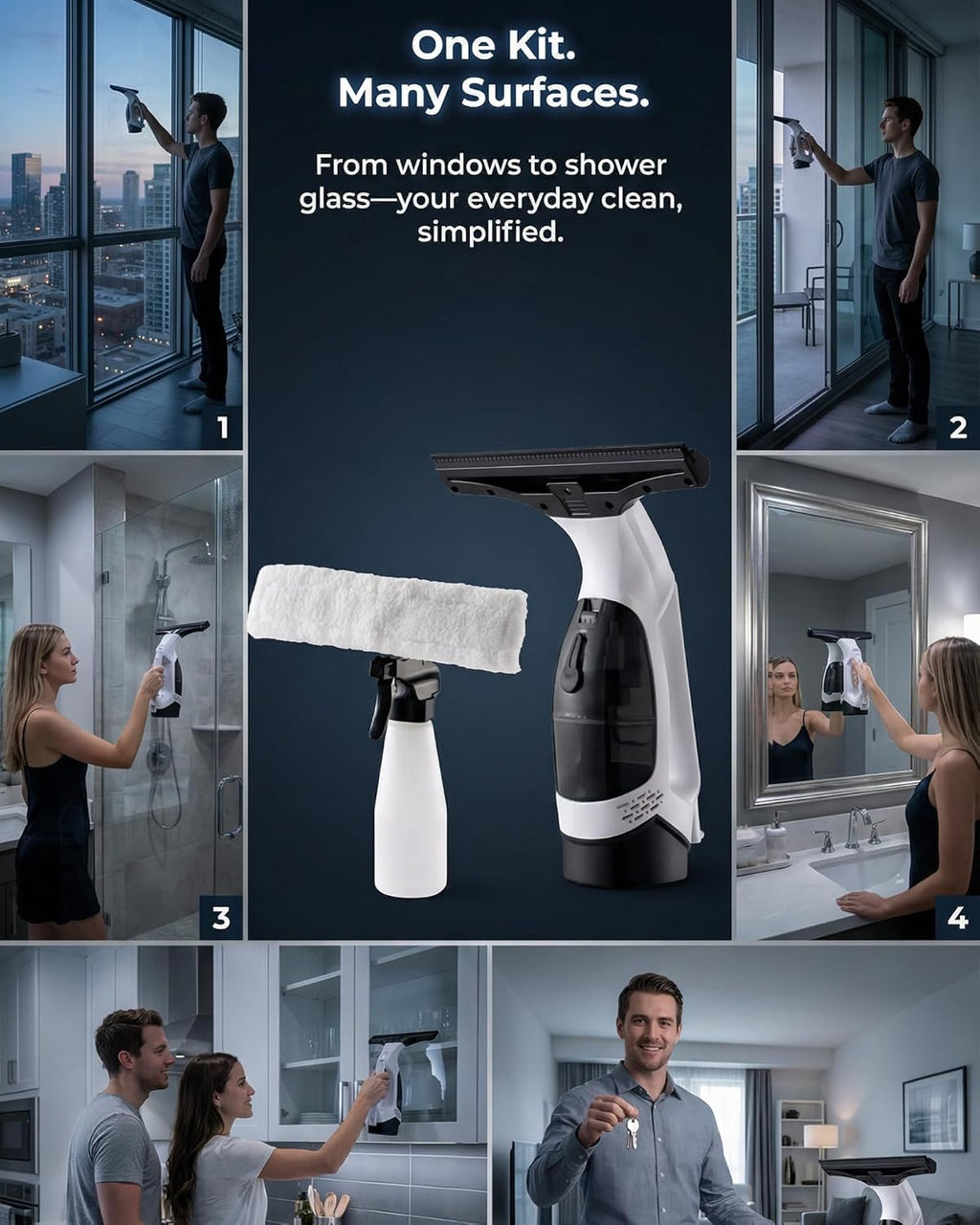 Window Cleaner & Glass Cleaner Kit,Window Vacuum Cleaner Cordless Electric Handheld,Suction Window Squeegee with Spray Bottle,Cloth Holder 2 Microfiber Cloths for Windows, Mirrors, Shower Glass,Tiles