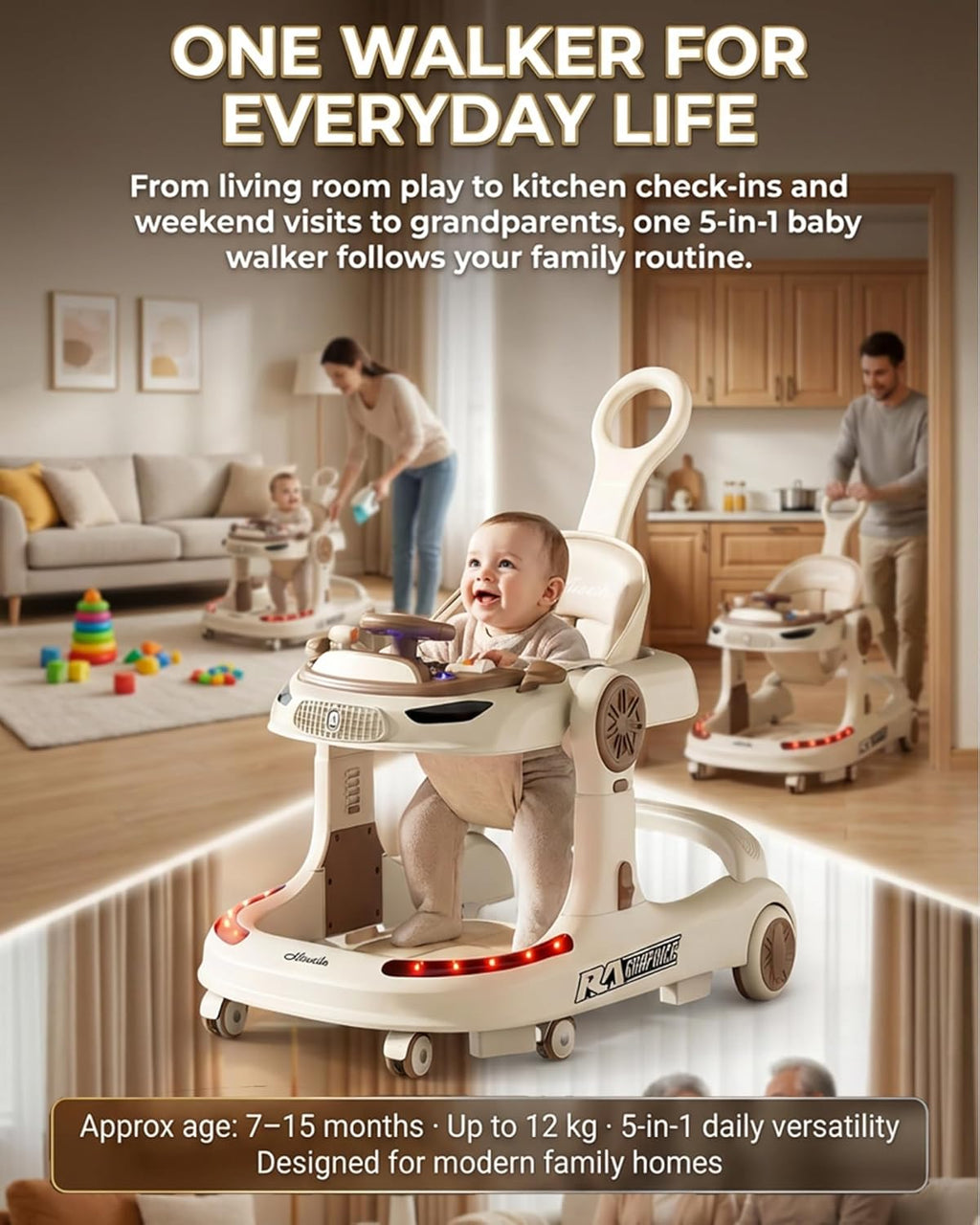 Baby Walker 5 in 1 Sit to Stand, Foldable Adjustable Height Activity Center with Music Tray, Push Handle Walk Behind Learning Walker for Infants Toddlers 7–15 Months