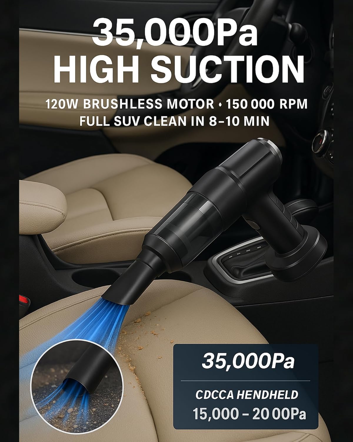 Cordless Handheld Vacuum Cleaner High Power 35000Pa Suction & Blower 120W Dual Batteries, 230ml Dust Cup, 20 Brush Cleaning Kit, Portable Rechargeable Car Vacuum for Home Pet Hair Keyboard Crumbs