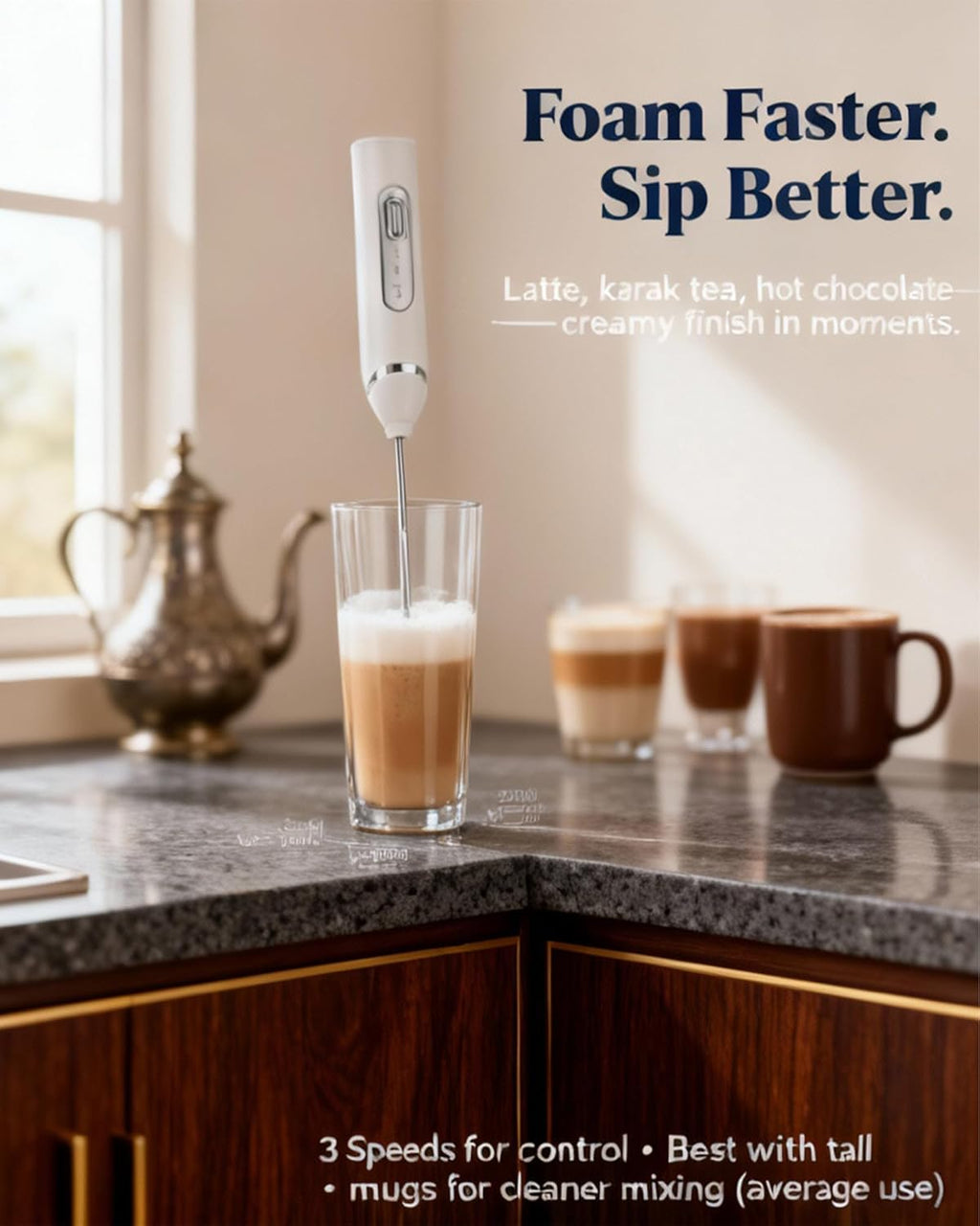 Milk Frother, Electric Milk Frother Handheld Milk Frother Wand USB-C Rechargeable 1200mAh, 3-Speed Coffee Frother/Milk Foamer with 3 Whisk Heads & Stand for Latte Cappuccino Matcha