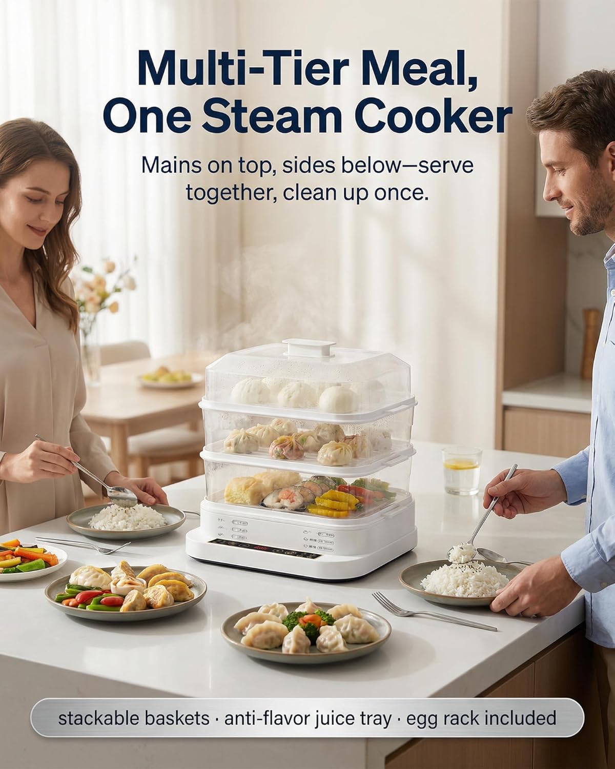 Egg Cookers Food Steamer Electric Steamer 800W, Multi Tier Steam Cooker with Stackable Baskets, 1-24H Delay Start, 10-60min Timer, Keep Warm, Vegetable/Rice/Fish/Dumpling Steamer