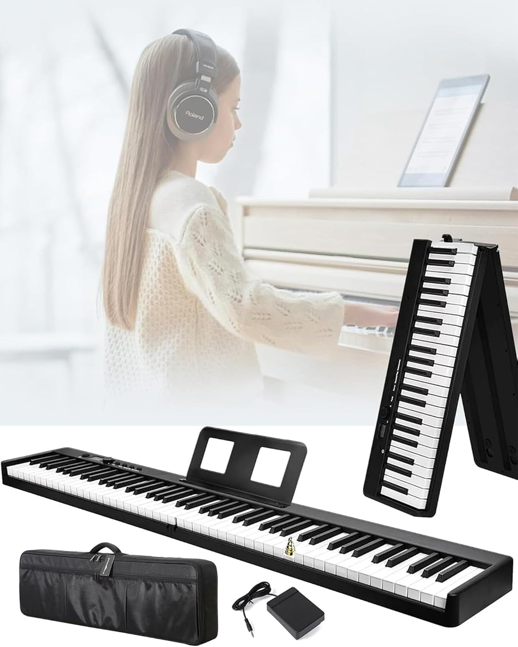 Portable Foldable 88-Key Piano Semi-Weighted Keys with Sustain Pedal Touch-Sensitive Keys and Bluetooth, Dual Stereo Speakers Folding Digital Piano for home park classroom
