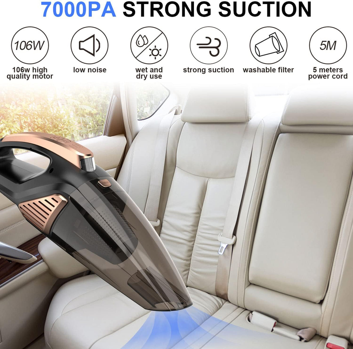 Car Vacuum Cleaner 7000PA 106W 12V Car Vacuum with LED Light Low Noise Wet and Dry Use Auto Vacuum Cleaner with 16.4FT(5M) Cord and Carrying Bag for All Vehicles