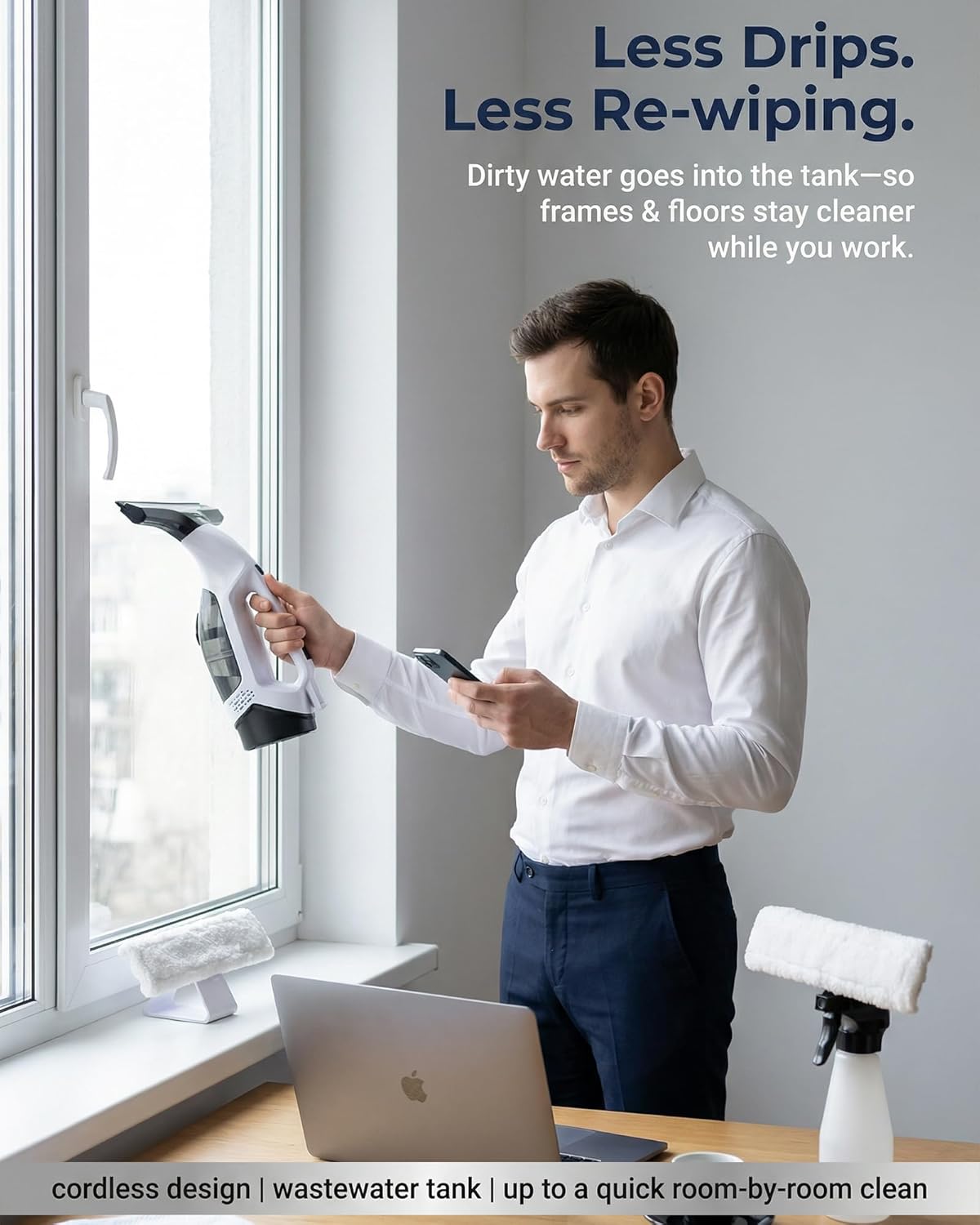 Window Cleaner & Glass Cleaner Kit,Window Vacuum Cleaner Cordless Electric Handheld,Suction Window Squeegee with Spray Bottle,Cloth Holder 2 Microfiber Cloths for Windows, Mirrors, Shower Glass,Tiles