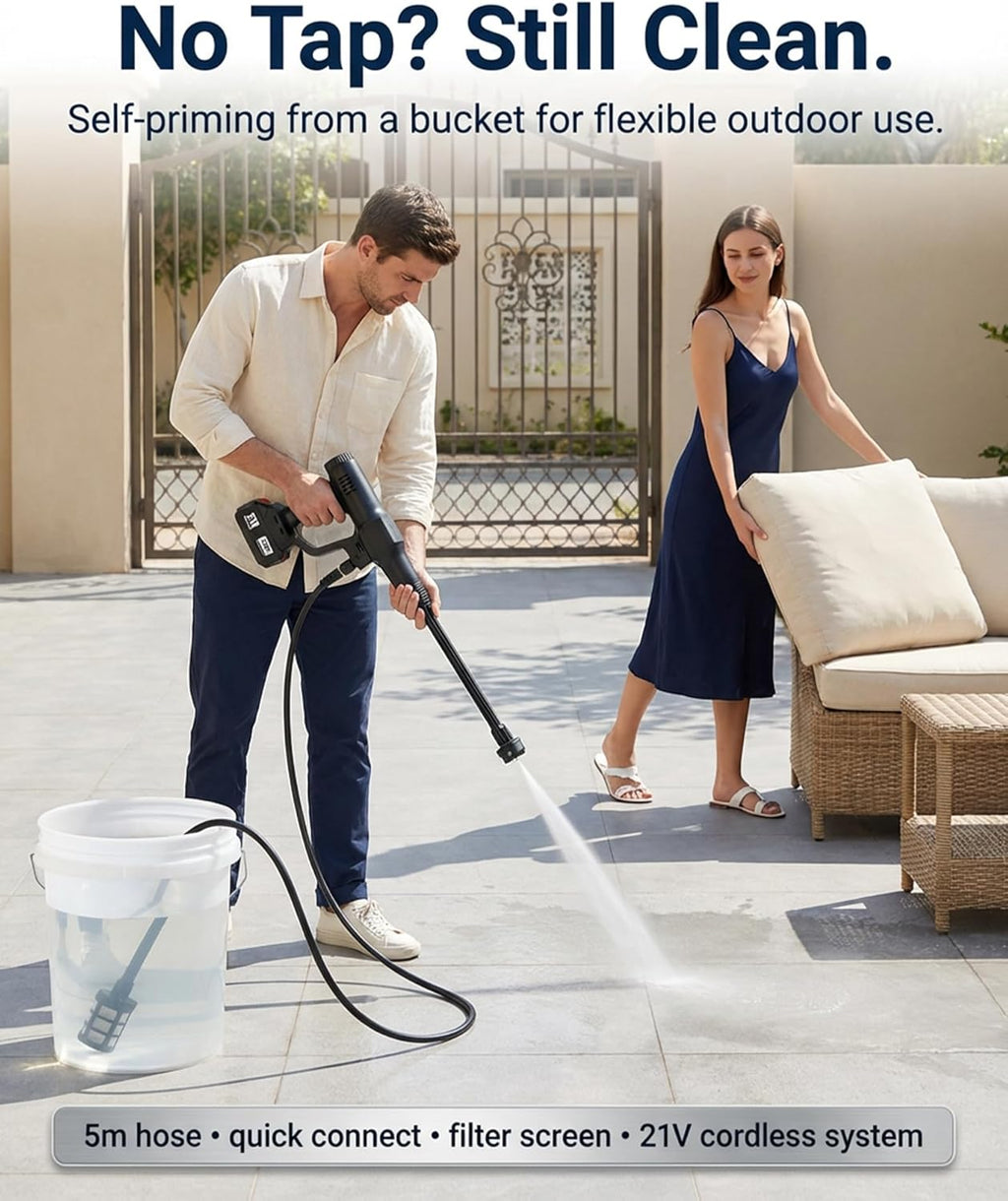 Cordless Pressure Washer,6-in-1 Portable Cordless Pressure Washer, Brushless 3-Mode 2Mpa 4.9L/min Handheld Power Washer, 6-in-1 Nozzle Foam Sprayer, 5m Self-Priming Hose, for Car Wash Patio Garden