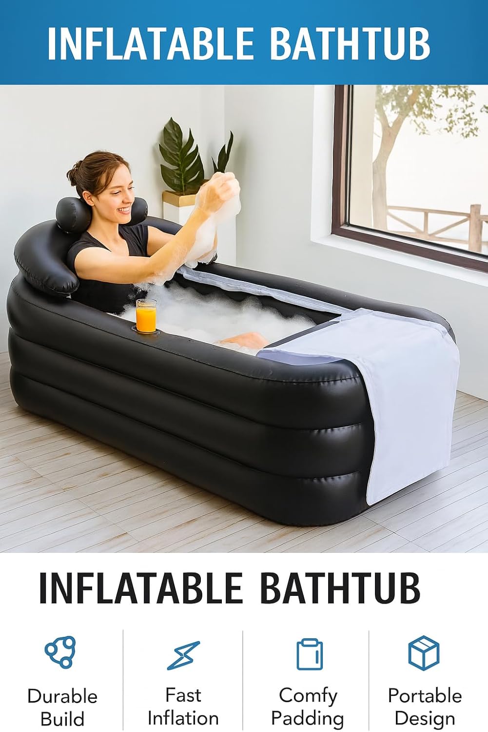 Ice Bath Tub/Cold Plunge Inflatable Bathtub with Electric Air Pump 160×84×64 cm Portable Bathtub for Adults Foldable Bathtub for Adults Deep Soaking Tub with Lid, Freestanding Bathtub,Headrest