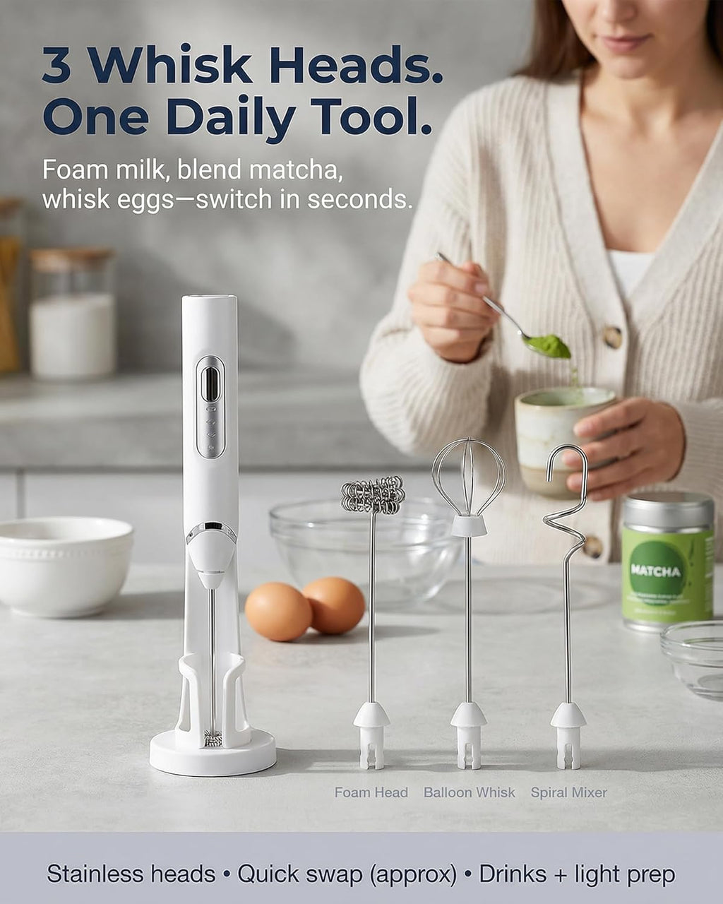 Milk Frother, Electric Milk Frother Handheld Milk Frother Wand USB-C Rechargeable 1200mAh, 3-Speed Coffee Frother/Milk Foamer with 3 Whisk Heads & Stand for Latte Cappuccino Matcha