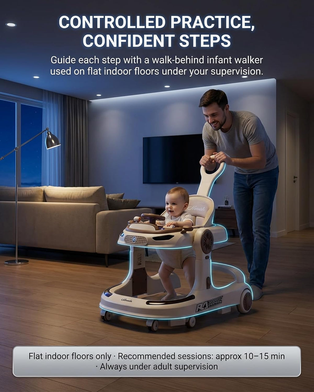 Baby Walker 5 in 1 Sit to Stand, Foldable Adjustable Height Activity Center with Music Tray, Push Handle Walk Behind Learning Walker for Infants Toddlers 7–15 Months