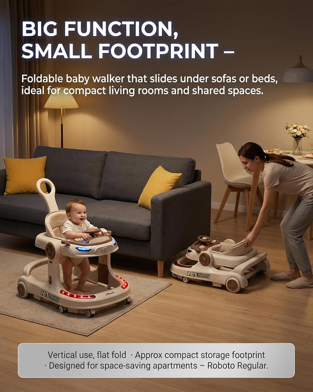 Baby Walker 5 in 1 Sit to Stand, Foldable Adjustable Height Activity Center with Music Tray, Push Handle Walk Behind Learning Walker for Infants Toddlers 7–15 Months