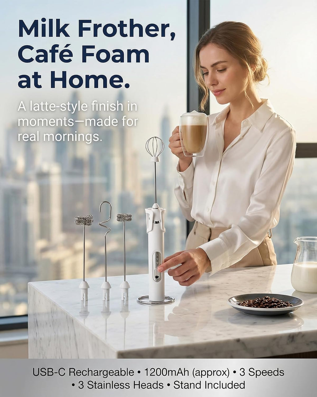 Milk Frother, Electric Milk Frother Handheld Milk Frother Wand USB-C Rechargeable 1200mAh, 3-Speed Coffee Frother/Milk Foamer with 3 Whisk Heads & Stand for Latte Cappuccino Matcha