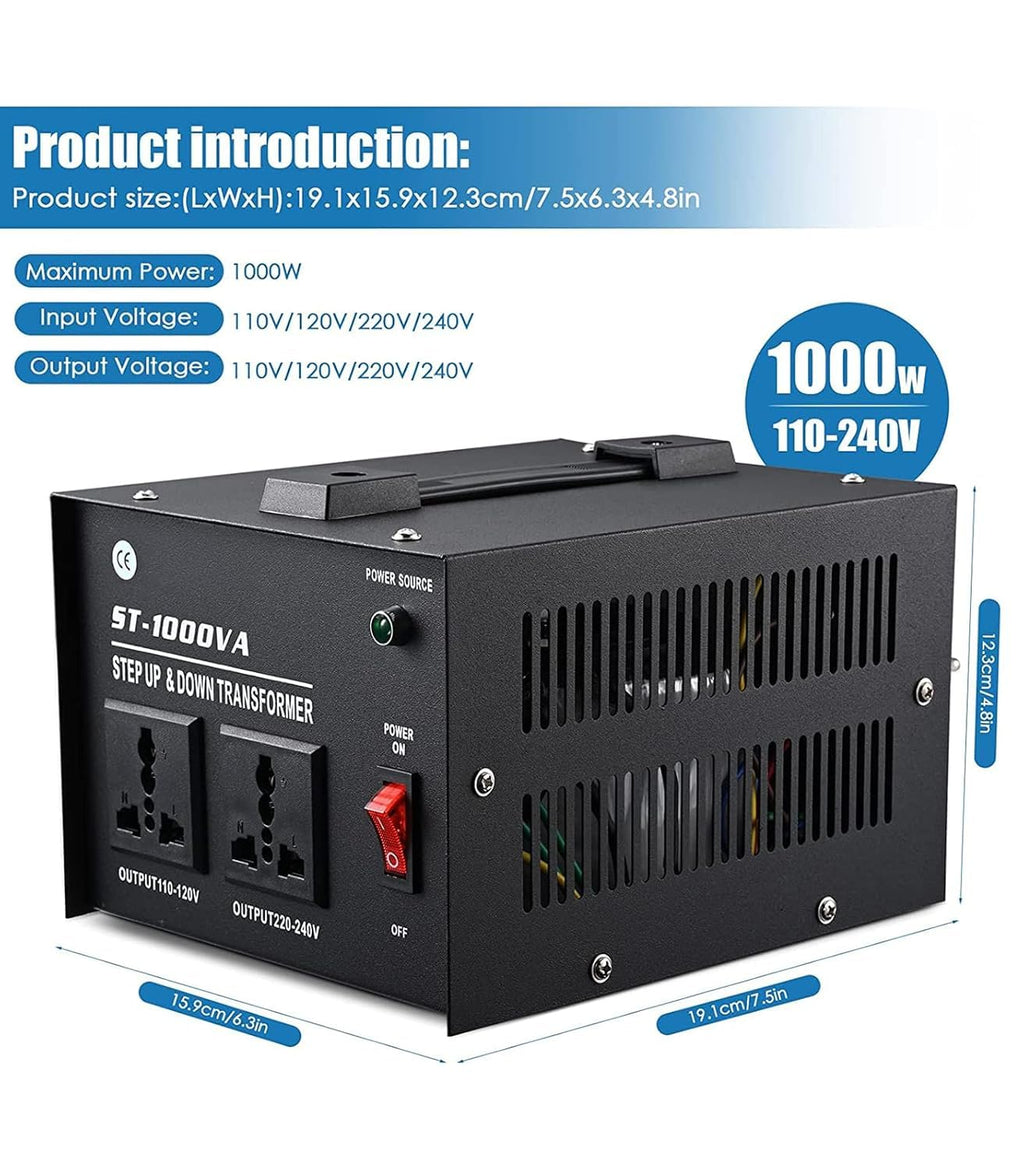 ST 1000W Voltage Converter Transformer 110V/120V/220V/240V Power Step Up/Down Transformer Converter, with Resettable Circuit Breaker Protection Universal Socket Household Compact