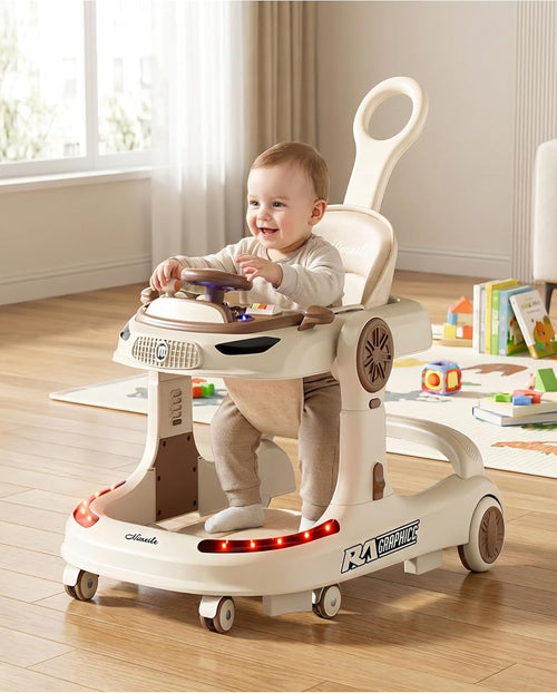 Baby Walker 5 in 1 Sit to Stand, Foldable Adjustable Height Activity Center with Music Tray, Push Handle Walk Behind Learning Walker for Infants Toddlers 7–15 Months