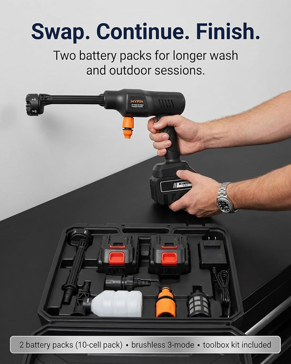 Cordless Pressure Washer,6-in-1 Portable Cordless Pressure Washer, Brushless 3-Mode 2Mpa 4.9L/min Handheld Power Washer, 6-in-1 Nozzle Foam Sprayer, 5m Self-Priming Hose, for Car Wash Patio Garden
