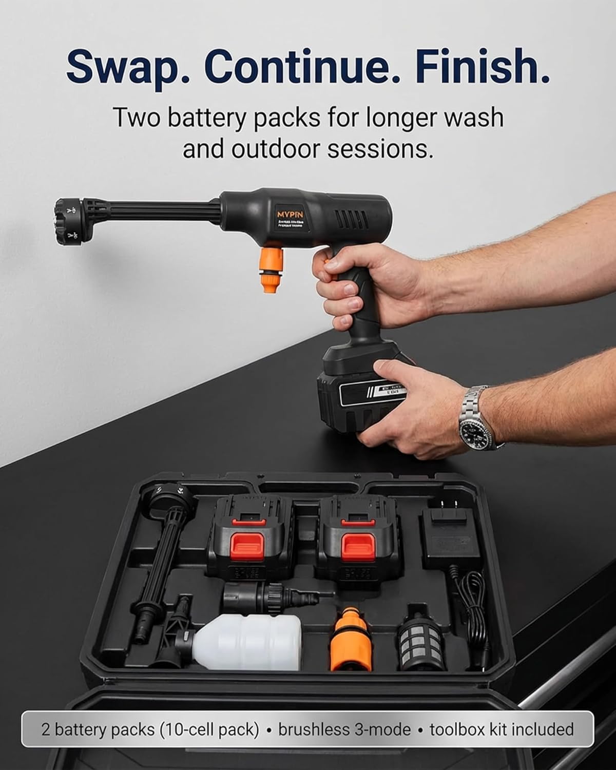 Cordless Pressure Washer,6-in-1 Portable Cordless Pressure Washer, Brushless 3-Mode 2Mpa 4.9L/min Handheld Power Washer, 6-in-1 Nozzle Foam Sprayer, 5m Self-Priming Hose, for Car Wash Patio Garden