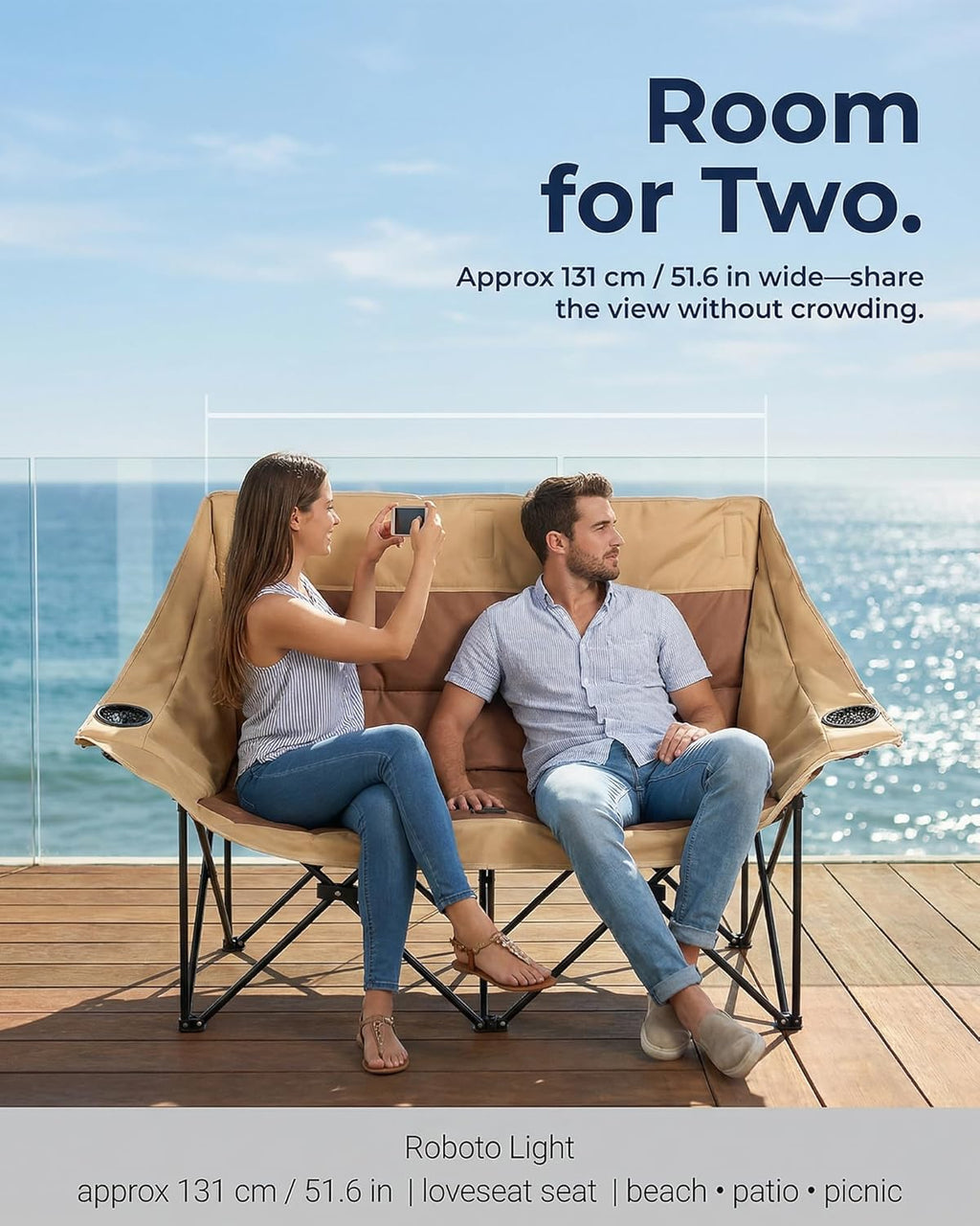 Camping Chair Folding Chair Outdoor Chair, Folding Camping Chair 2 Person Camping Loveseat, Double Moon Chair 131cm Wide, High-Carbon Steel, 2 Cup Holders, Beach Chair Portable Chair for Picnic Patio