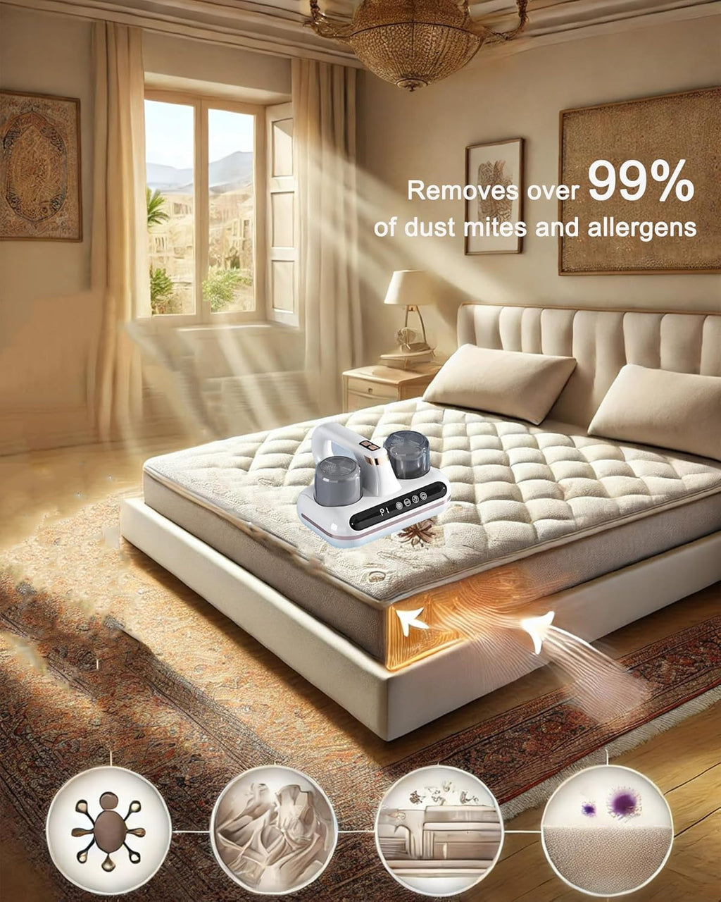 Mattress Vacuum Cleaner UV Dust Mite Cleaner Vacuum Multi-Surface Cleaner 8kPa & 10kPa Suction Dual Mode Bed Vacuum, HEPA Filter & 210ml Dust Bin 100W for Bed Pillow Sofa Carpets Couch