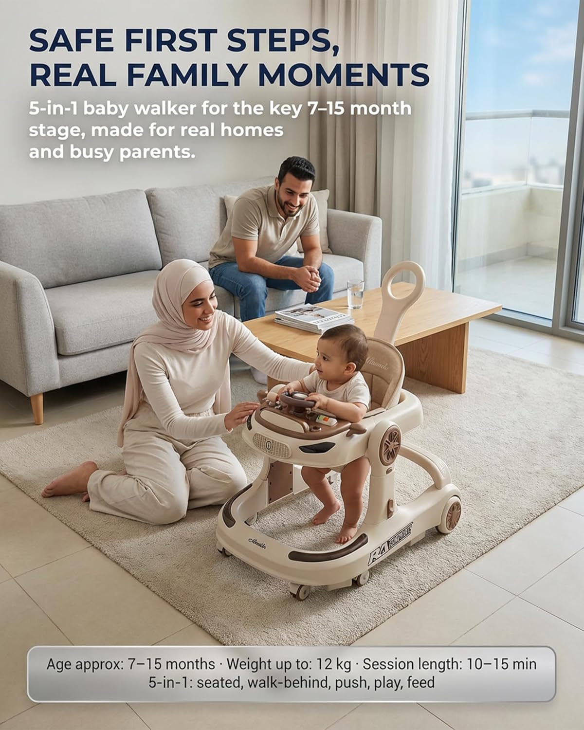 Baby Walker 5 in 1 Sit to Stand, Foldable Adjustable Height Activity Center with Music Tray, Push Handle Walk Behind Learning Walker for Infants Toddlers 7–15 Months