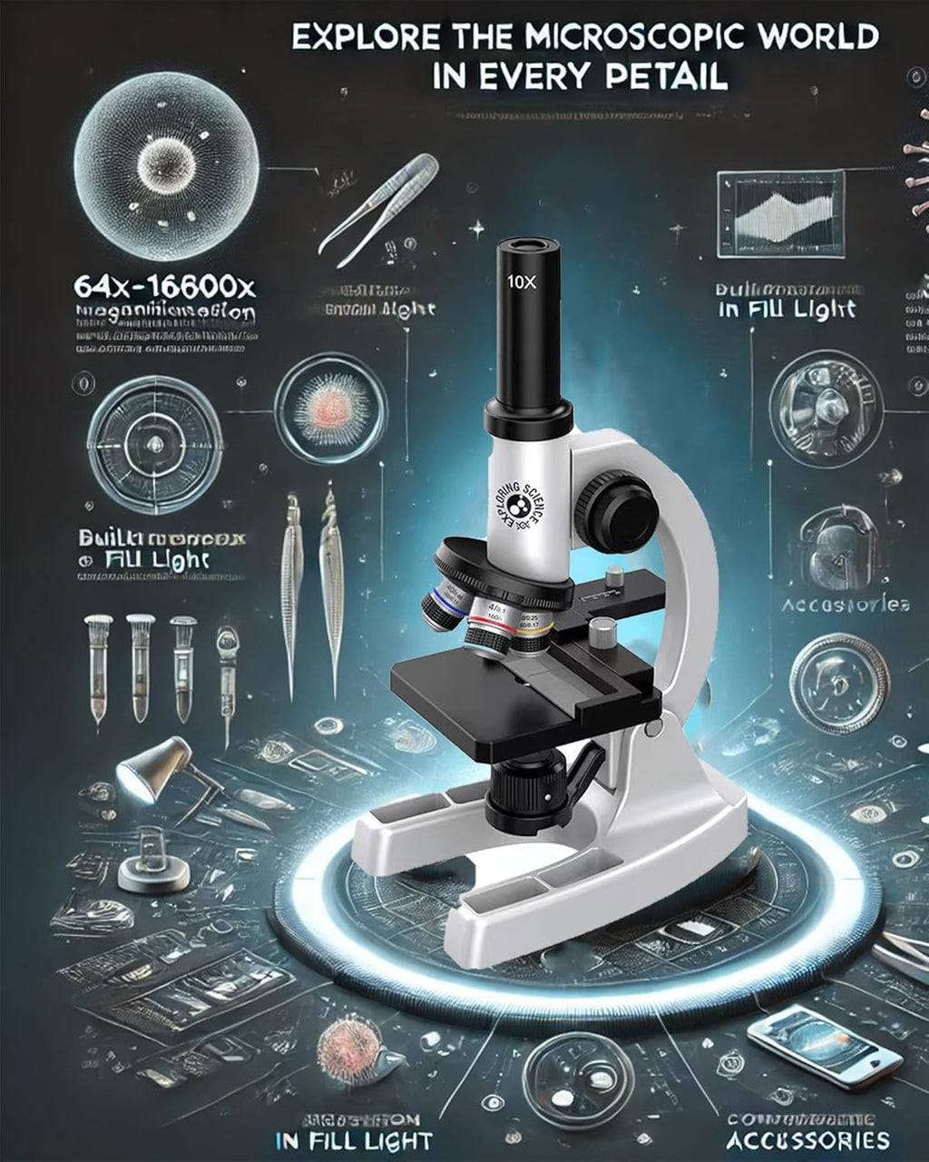 Microscope 64X-16000X Optical Micro Elementary School Children Science Experimental Biology Teaching Micro Children Birtay Giftsfor Scientific Experiments, Children's Education, and Laboratory Use