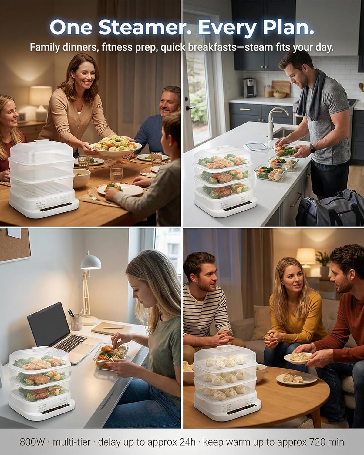 Egg Cookers Food Steamer Electric Steamer 800W, Multi Tier Steam Cooker with Stackable Baskets, 1-24H Delay Start, 10-60min Timer, Keep Warm, Vegetable/Rice/Fish/Dumpling Steamer
