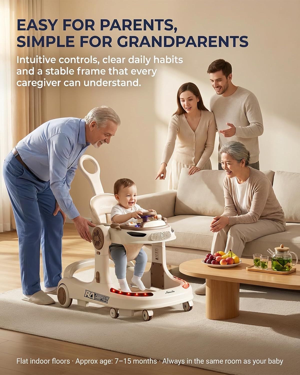 Baby Walker 5 in 1 Sit to Stand, Foldable Adjustable Height Activity Center with Music Tray, Push Handle Walk Behind Learning Walker for Infants Toddlers 7–15 Months