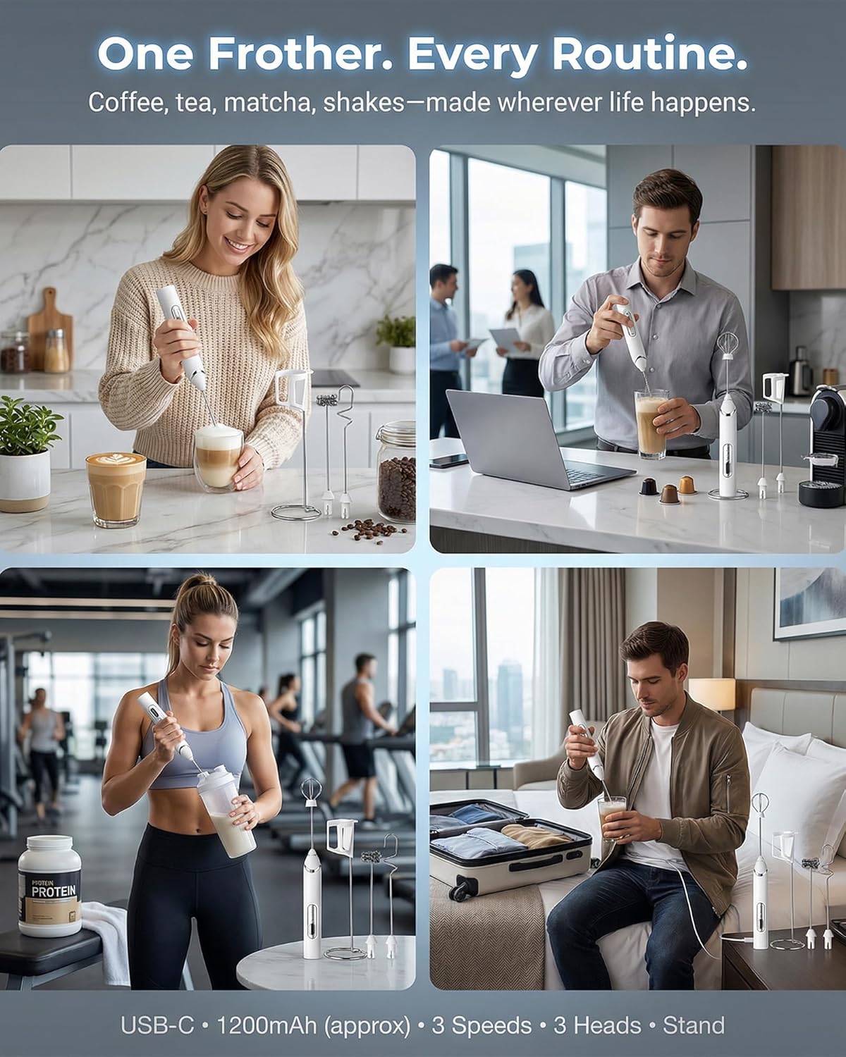 Milk Frother, Electric Milk Frother Handheld Milk Frother Wand USB-C Rechargeable 1200mAh, 3-Speed Coffee Frother/Milk Foamer with 3 Whisk Heads & Stand for Latte Cappuccino Matcha