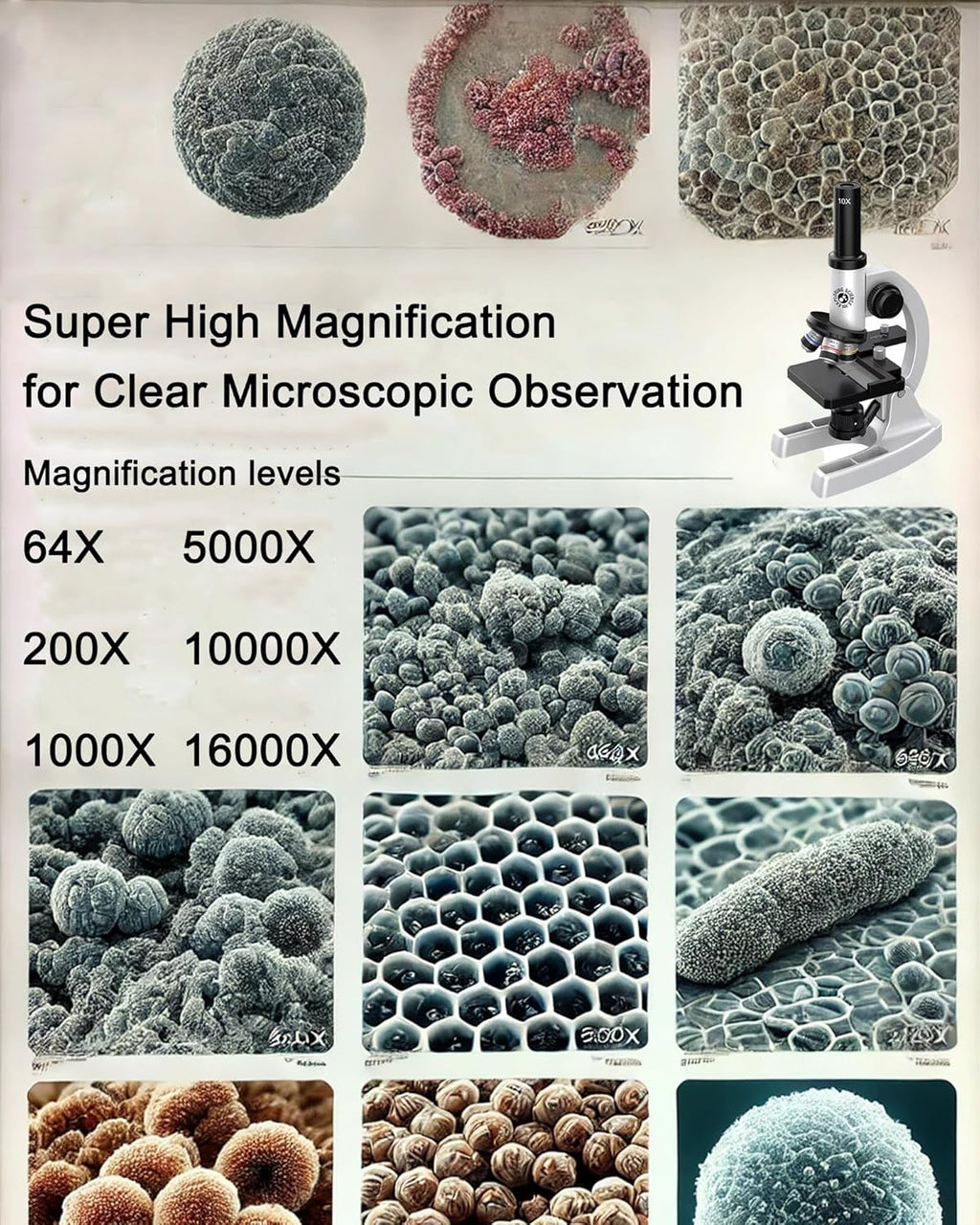 Microscope 64X-16000X Optical Micro Elementary School Children Science Experimental Biology Teaching Micro Children Birtay Giftsfor Scientific Experiments, Children's Education, and Laboratory Use