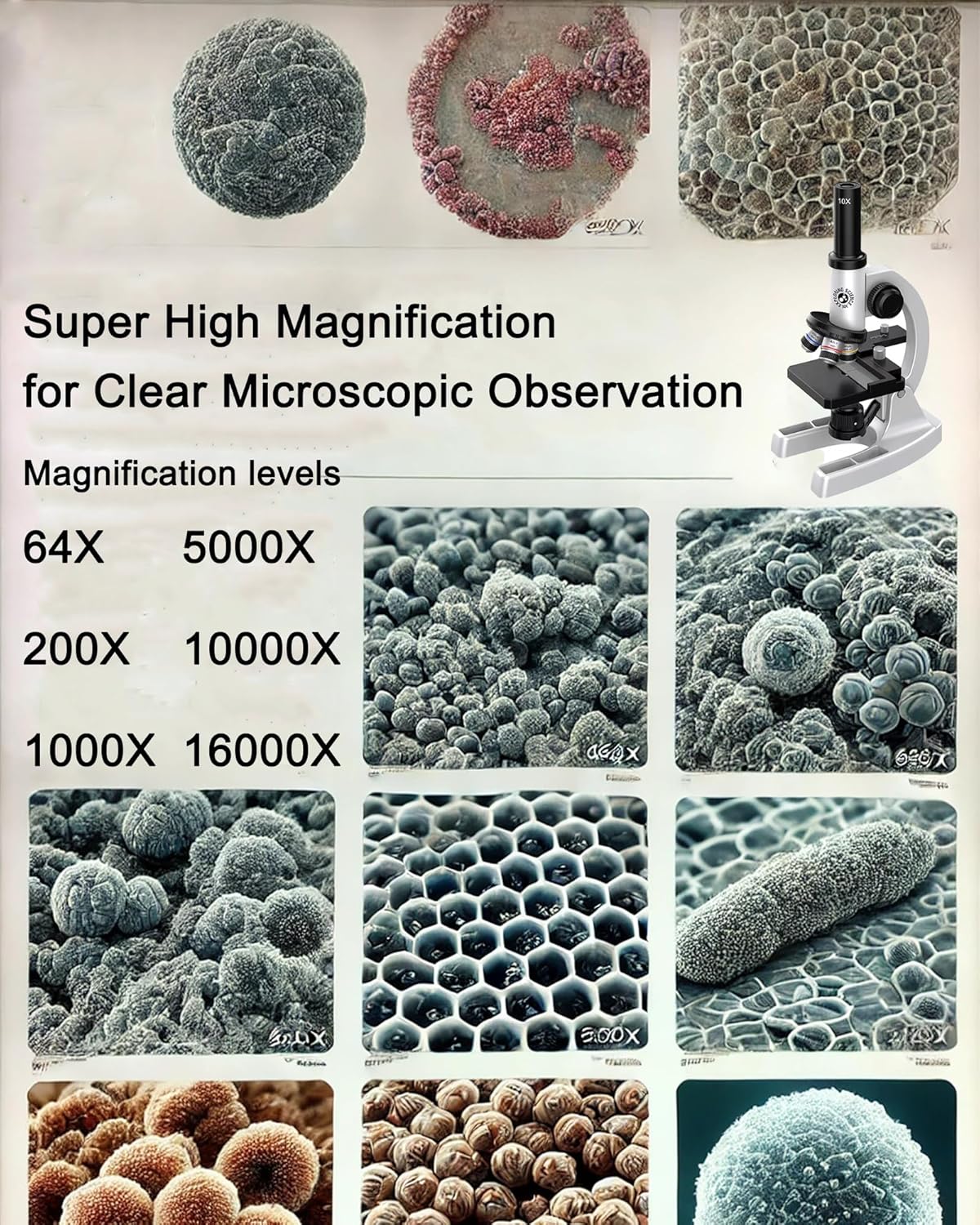 Microscope 64X-16000X Optical Micro Elementary School Children Science Experimental Biology Teaching Micro Children Birtay Giftsfor Scientific Experiments, Children's Education, and Laboratory Use