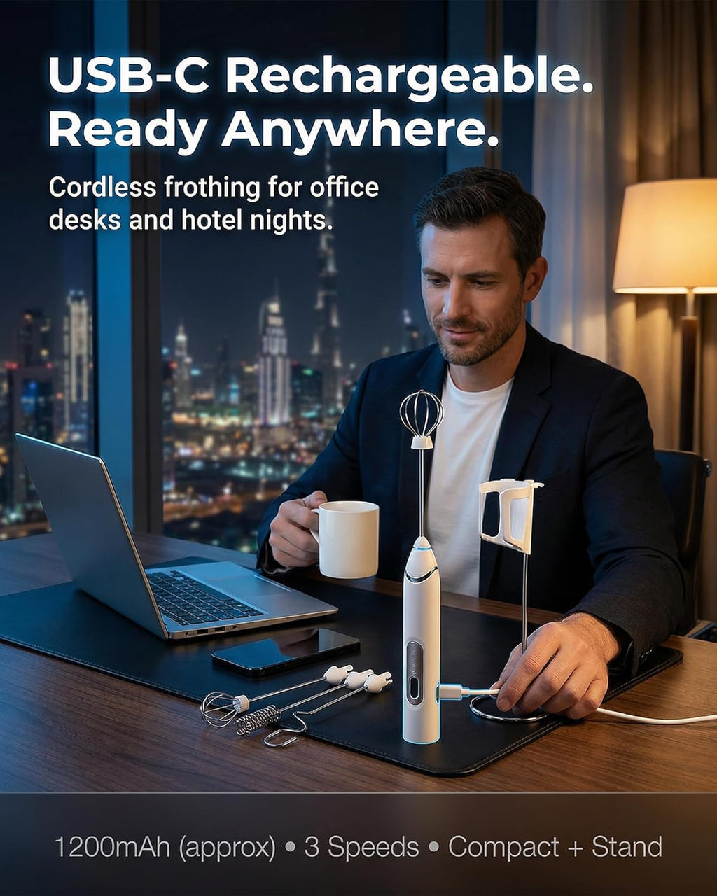 Milk Frother, Electric Milk Frother Handheld Milk Frother Wand USB-C Rechargeable 1200mAh, 3-Speed Coffee Frother/Milk Foamer with 3 Whisk Heads & Stand for Latte Cappuccino Matcha