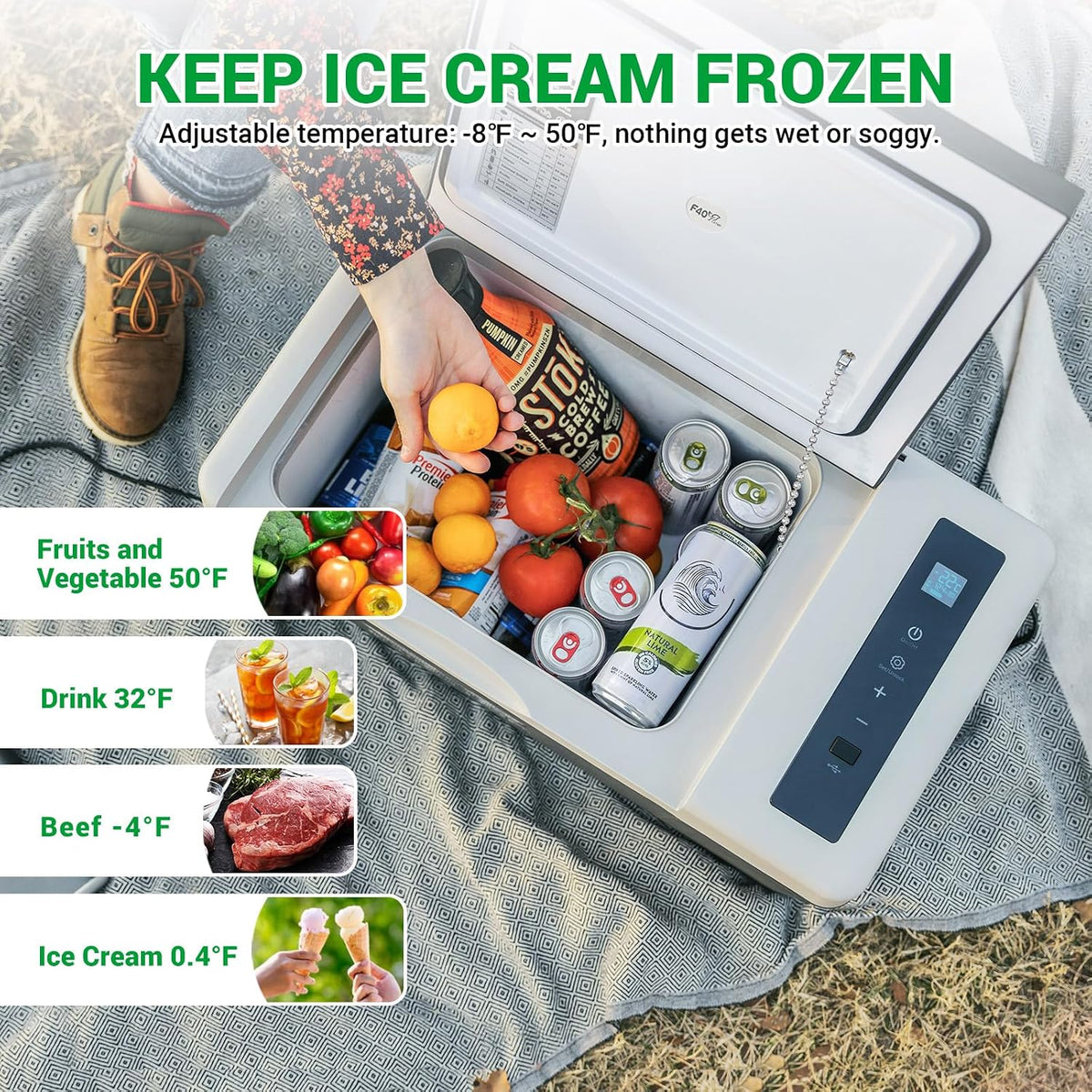 F40C4TMP 12 Volt Refrigerator, 20 Quart(18L) Portable Freezer, 12V Car Fridge(-8℉~50℉), Compressor Cooler for Camping, Road Trip, Travel, Van, Truck, RV, Boat, Outdoor, Home, 12/24V DC & 100~240V AC