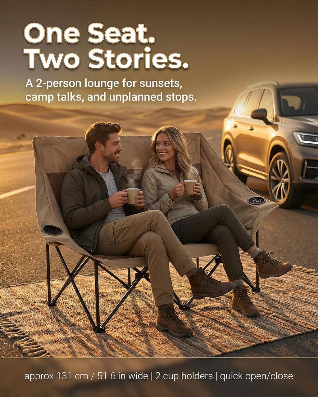 Camping Chair Folding Chair Outdoor Chair, Folding Camping Chair 2 Person Camping Loveseat, Double Moon Chair 131cm Wide, High-Carbon Steel, 2 Cup Holders, Beach Chair Portable Chair for Picnic Patio