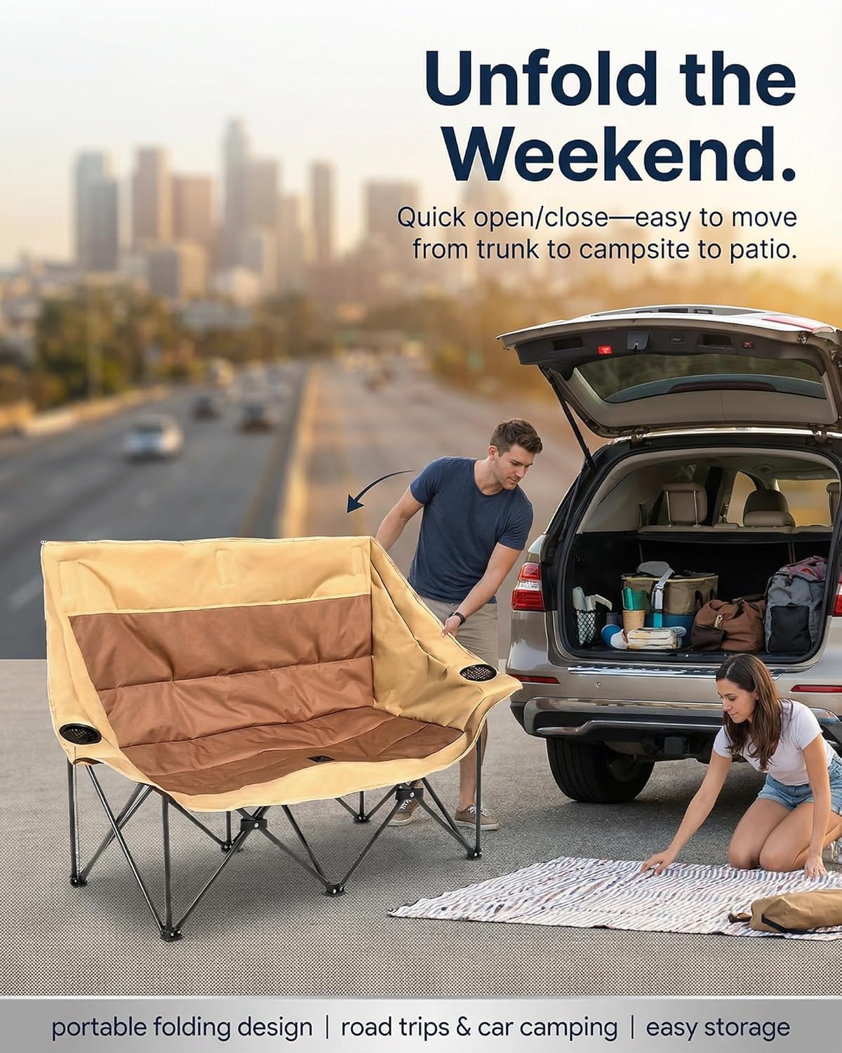 Camping Chair Folding Chair Outdoor Chair, Folding Camping Chair 2 Person Camping Loveseat, Double Moon Chair 131cm Wide, High-Carbon Steel, 2 Cup Holders, Beach Chair Portable Chair for Picnic Patio