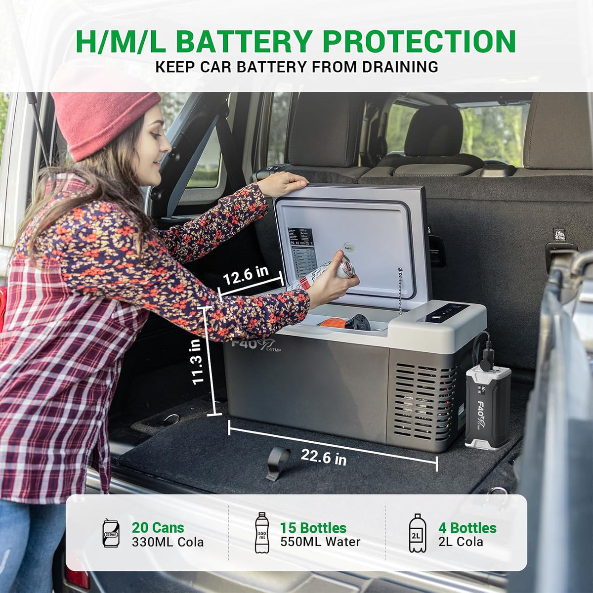 F40C4TMP 12 Volt Refrigerator, 20 Quart(18L) Portable Freezer, 12V Car Fridge(-8℉~50℉), Compressor Cooler for Camping, Road Trip, Travel, Van, Truck, RV, Boat, Outdoor, Home, 12/24V DC & 100~240V AC