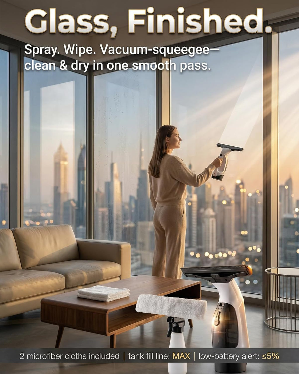 Window Cleaner & Glass Cleaner Kit,Window Vacuum Cleaner Cordless Electric Handheld,Suction Window Squeegee with Spray Bottle,Cloth Holder 2 Microfiber Cloths for Windows, Mirrors, Shower Glass,Tiles