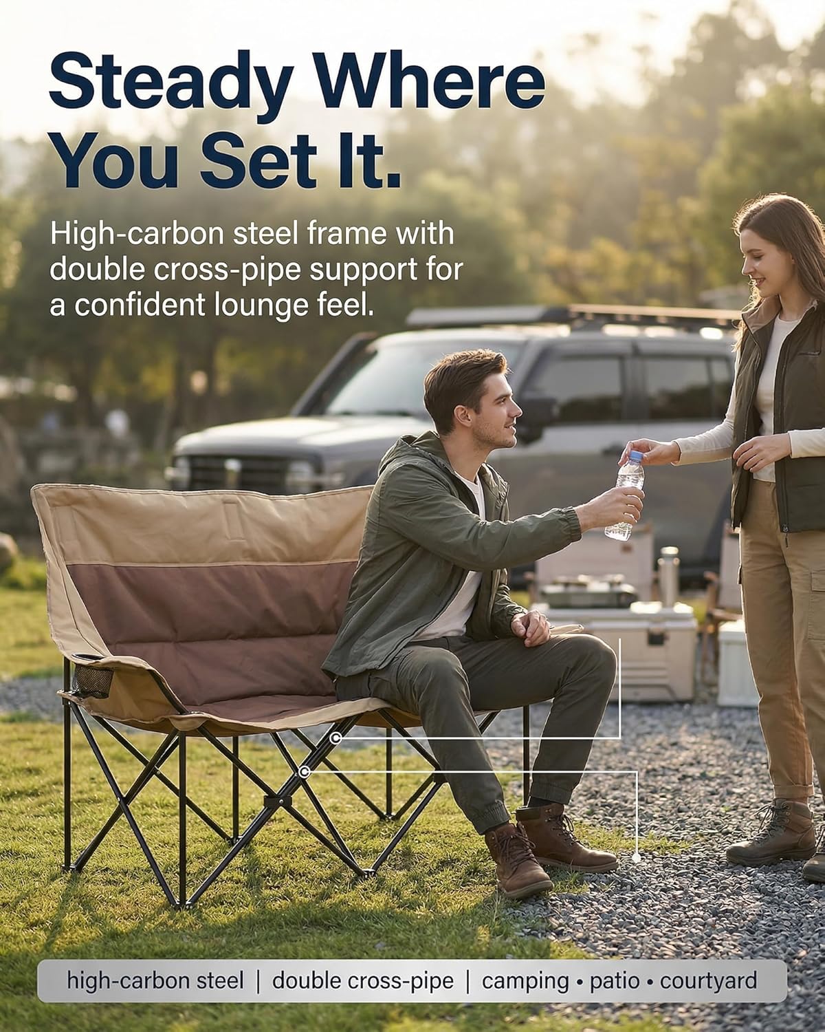 Camping Chair Folding Chair Outdoor Chair, Folding Camping Chair 2 Person Camping Loveseat, Double Moon Chair 131cm Wide, High-Carbon Steel, 2 Cup Holders, Beach Chair Portable Chair for Picnic Patio