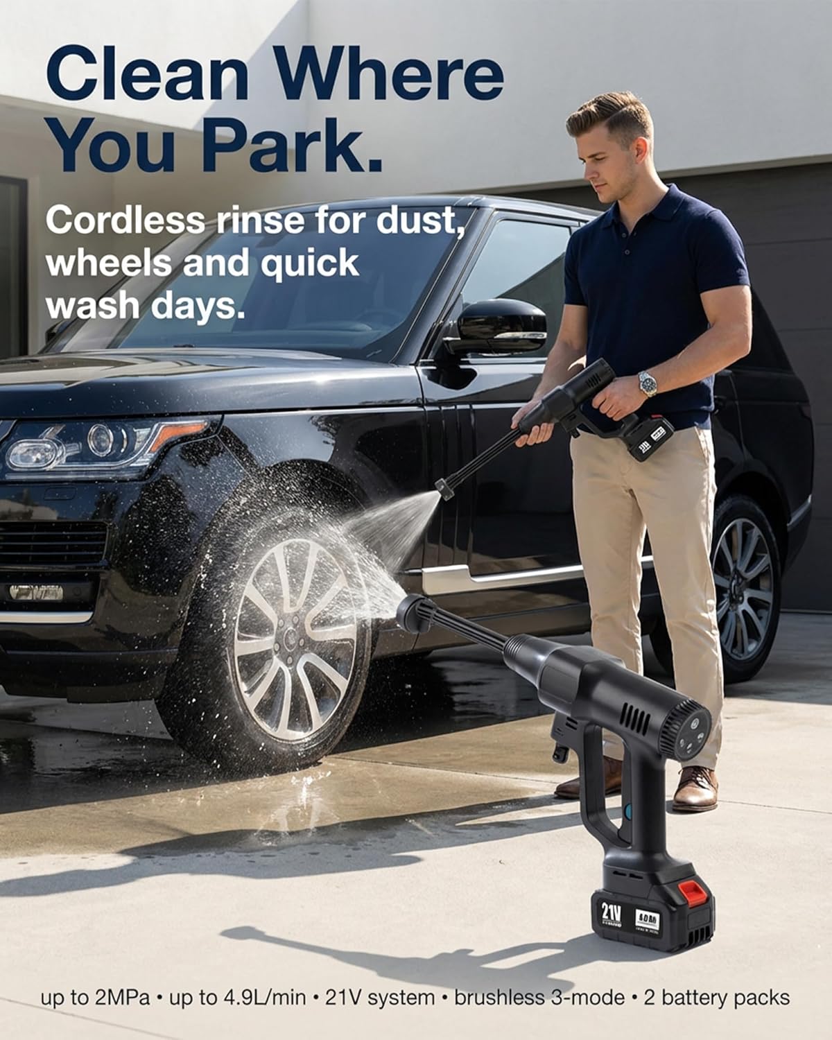 Cordless Pressure Washer,6-in-1 Portable Cordless Pressure Washer, Brushless 3-Mode 2Mpa 4.9L/min Handheld Power Washer, 6-in-1 Nozzle Foam Sprayer, 5m Self-Priming Hose, for Car Wash Patio Garden