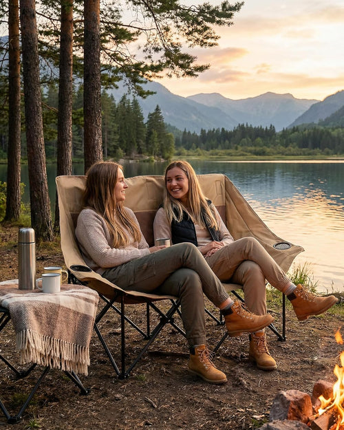 Camping Chair Folding Chair Outdoor Chair, Folding Camping Chair 2 Person Camping Loveseat, Double Moon Chair 131cm Wide, High-Carbon Steel, 2 Cup Holders, Beach Chair Portable Chair for Picnic Patio