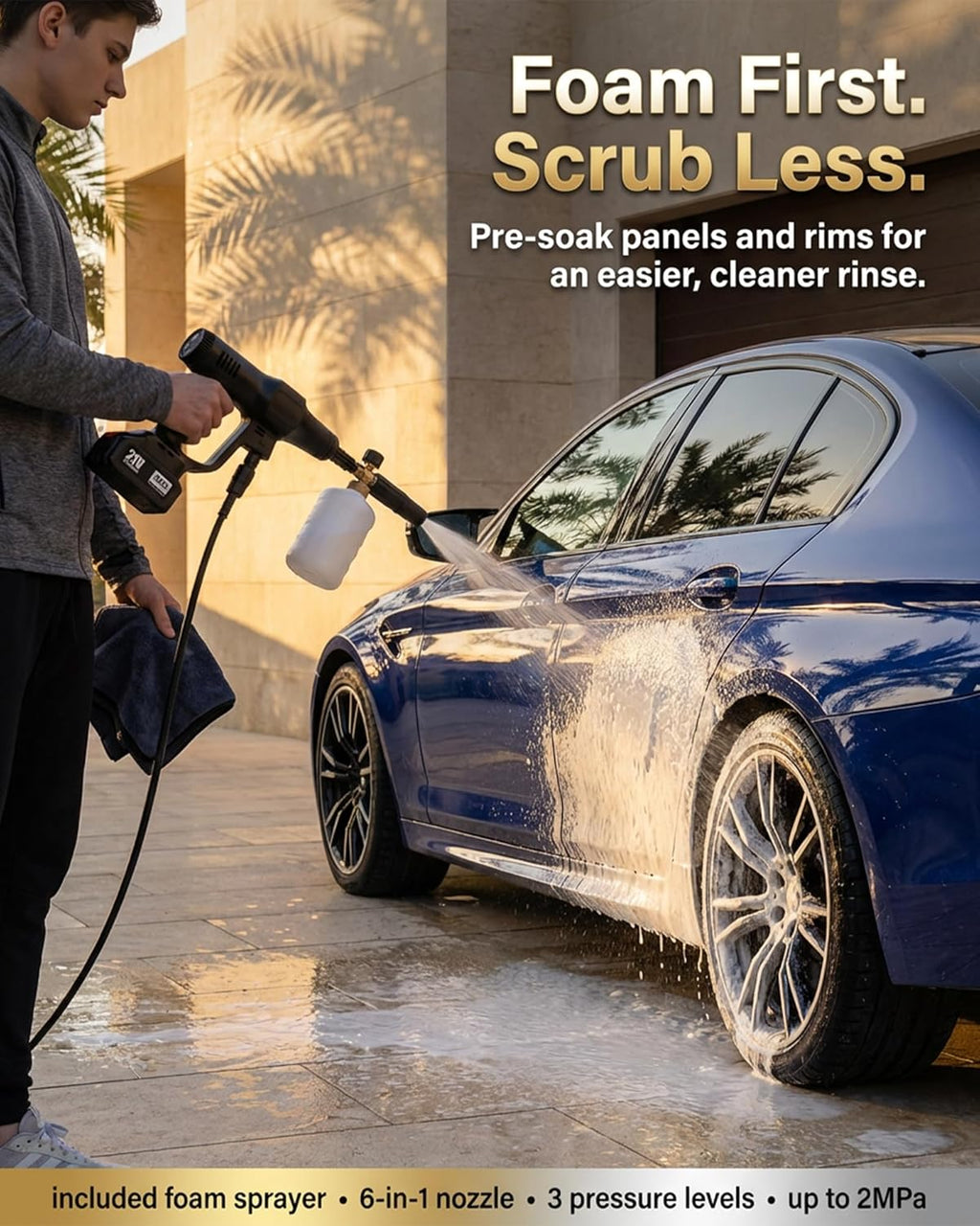 Cordless Pressure Washer,6-in-1 Portable Cordless Pressure Washer, Brushless 3-Mode 2Mpa 4.9L/min Handheld Power Washer, 6-in-1 Nozzle Foam Sprayer, 5m Self-Priming Hose, for Car Wash Patio Garden