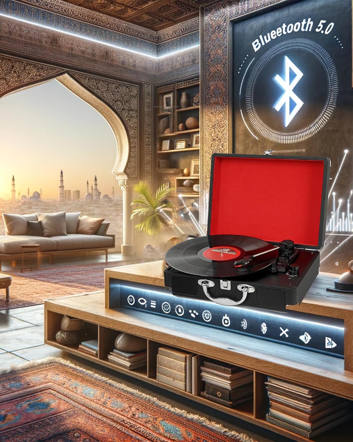 High-Fidelity Vinyl Record Player Turntable Vinyl Record Player 3-Speed Bluetooth Portable Suitcase Record Player with Built-in Speakers, Bluetooth Wireless Playback,Auto Off for Home Decoration